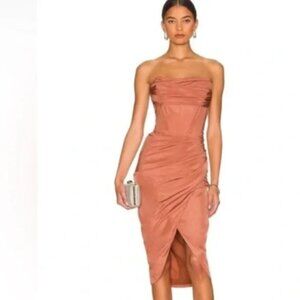 NWOT Bardot Jamila Ruched Strapless Midi Dress Dusty Rose Formal